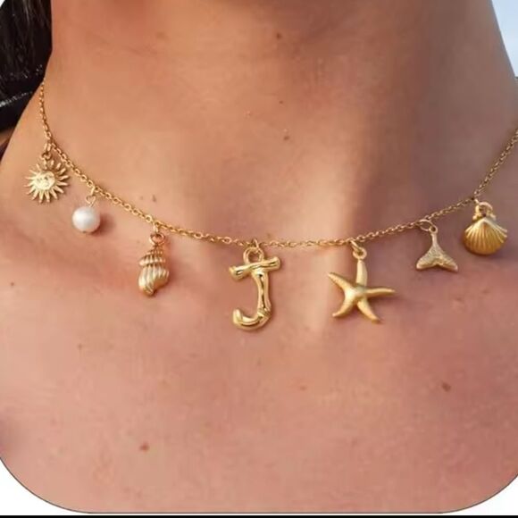 New J Initial Gold Summer Charm Necklace - Picture 1 of 7